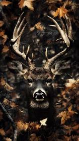 Whitetail buck portrait framed by dense autumn foliage.