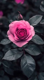 Fuchsia Rose Blooms Against Shadow Garden.