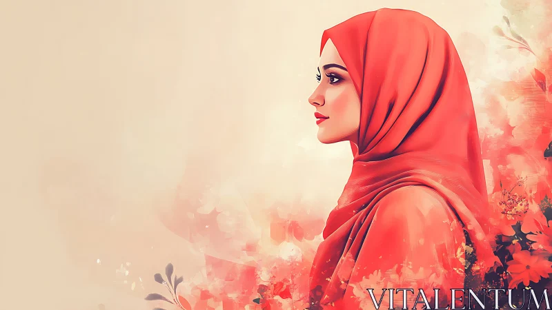 Woman in Red Hijab, Digital Watercolor Art with Floral Accents.