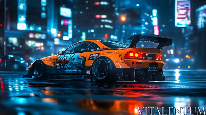 Neon city streets glow around a bold orange drift car.