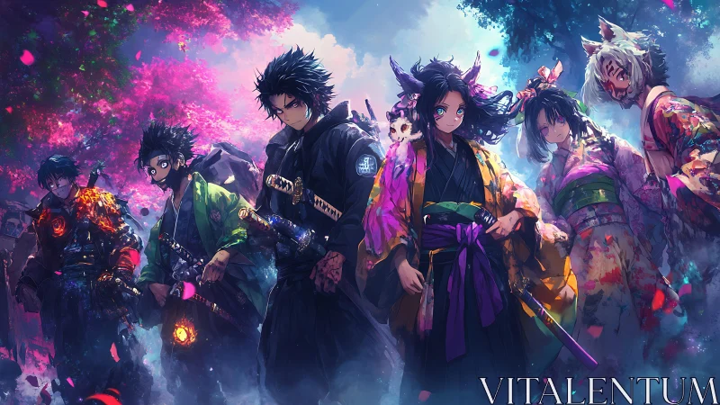 Anime warriors stride through neon blossoms and swirling light.