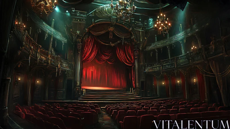Opulent red-curtained opera stage under dramatic chandelier lighting