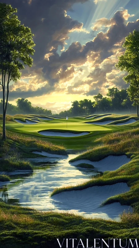 Sunlit golf green and winding creek under storm-lit sky.