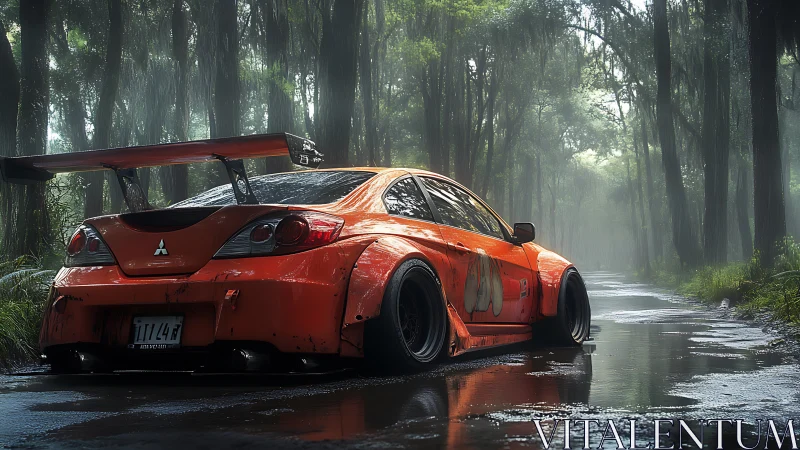 Widebody orange tuner sedan in misty forest wet roadscape