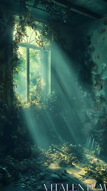 Overgrown abandoned room with light through tall window.
