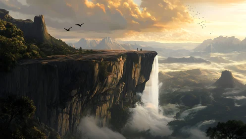 Golden sky welcomes travelers on a towering waterfall cliff