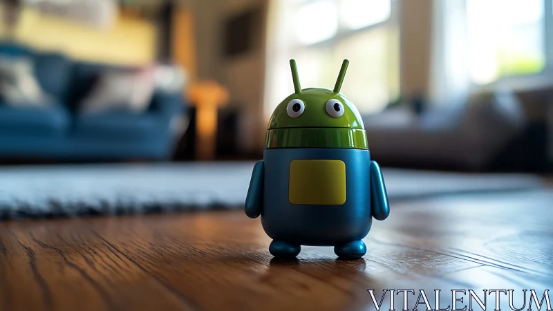Toy robot mascot stands on polished wooden floor.