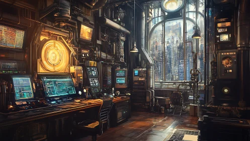Futuristic control room with urban skyline through window.