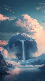 Waterfall plunges from icy mesa into calm reflective fjord