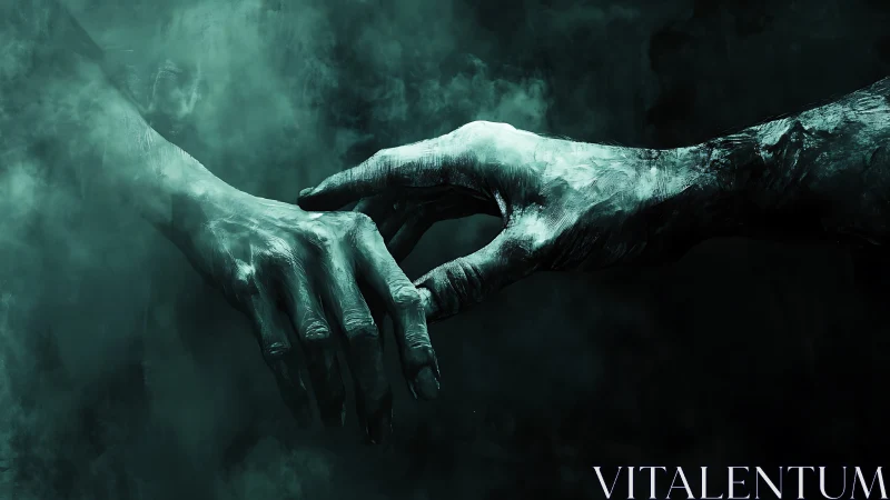 Ghostly hands reach through dark mist in suspended contact
