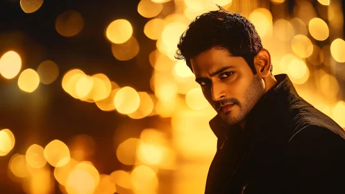Moody portrait in golden city lights and soft bokeh glow.