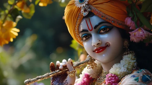 Krishna idol with flute amid flowers and soft greenery.