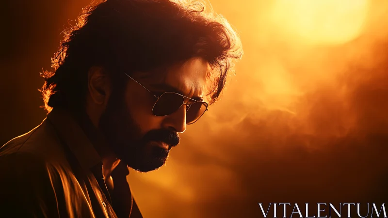 Brooding man in sunglasses against intense orange light.
