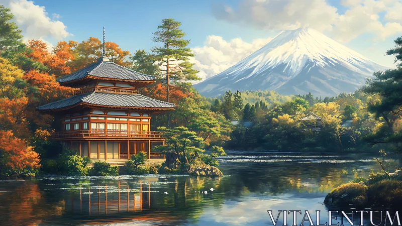 Japanese lakeside temple under Mount Fuji in autumn light.