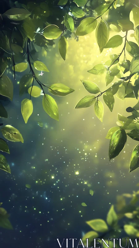 Backlit foliage canopy with volumetric glow and suspended light particles