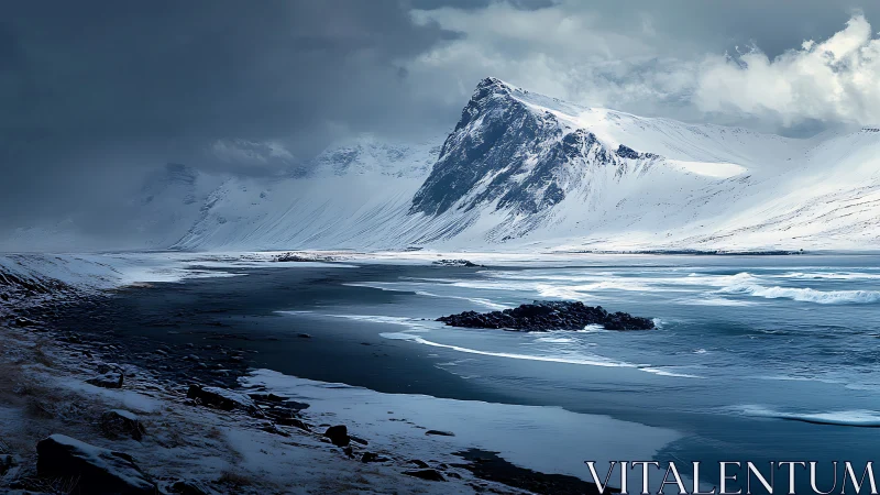 Snow-covered coastal mountain under overcast winter sky.