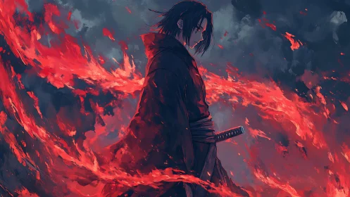 Solitary anime swordsman encircled by painterly crimson flames
