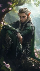 Melancholy elf prince rests within a luminous forest glade.