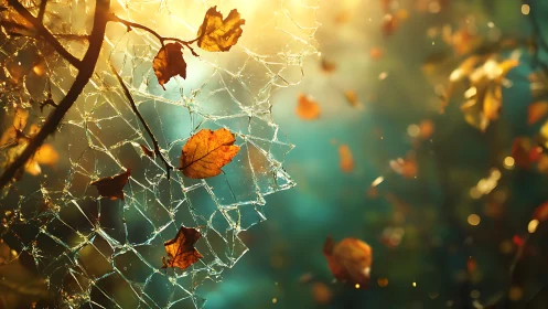 Autumn leaves linger on a jeweled web of morning light