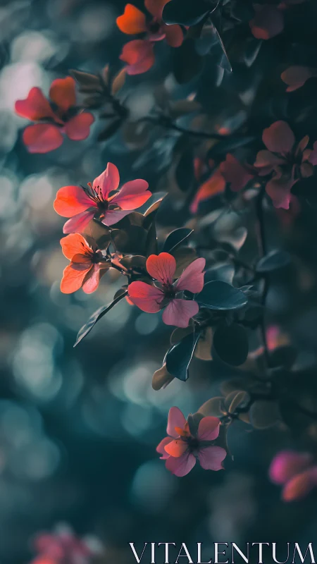 Red and orange flowers photographed with shallow depth of field and warm backlighting.