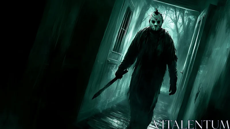 Masked killer stalks dark hallway toward viewer with blade