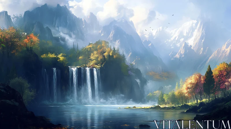 Waterfalls whisper softly beneath cloud crowned mountains