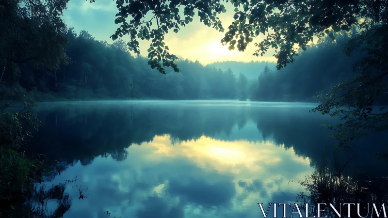 Misty forest lake reflects diffused sunrise in cool cyan tones
