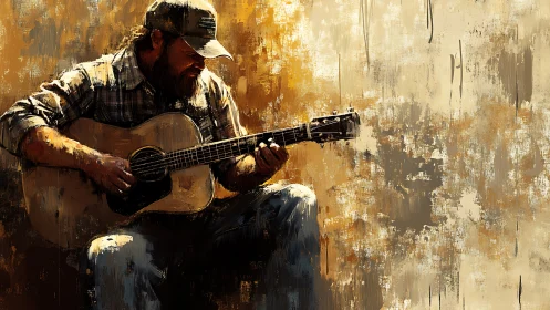 Rugged guitarist plays acoustic in textured golden light