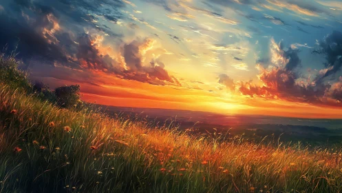 Sunset over sloping meadow with distant horizon line.