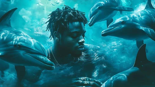 Young swimmer drifts among dolphins in luminous blue sea