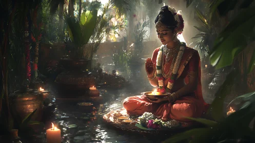 Gentle prayer glows in a lush garden of candles and flowers