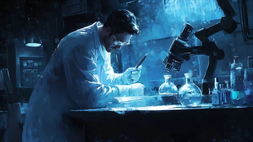 Scientist conducts laboratory work under focused blue lighting