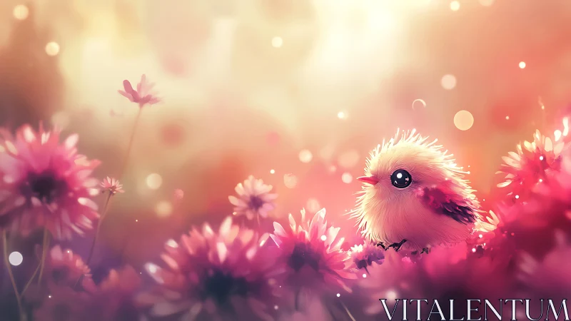 Sunrise fluffbird dreaming in a glowing pink flower sea.