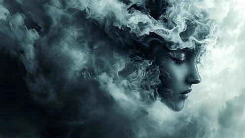 Dreamlike smoke spirit with serene, moonlit face.
