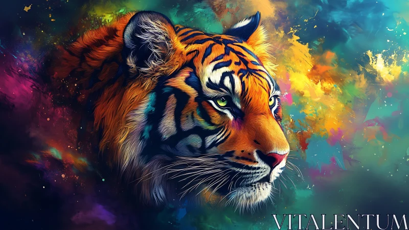 Vibrant tiger portrait emerges from cosmic color storm