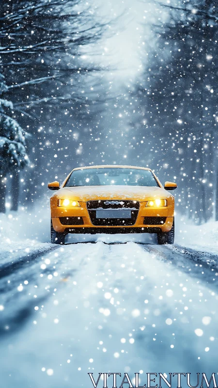 Yellow sports car on snowy forest road in heavy snowfall.