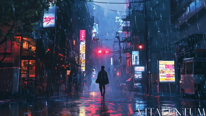 Lone nightwalker crossing neon rain in electric silence.