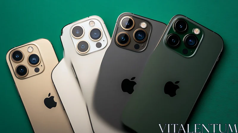 Four modern iPhones in metallic finishes on green backdrop.