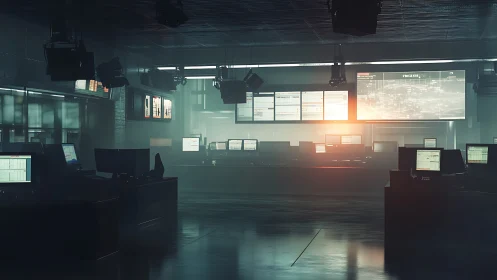 Futuristic control room with glowing data wall screens.