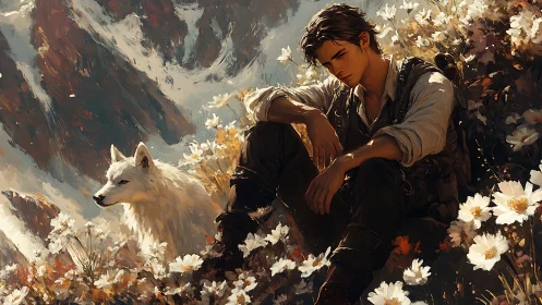 Mountain wanderer rests with white wolf amid high alpine blooms