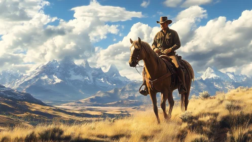 Mountaineous high-plains cowboy on bay horse in raking light.