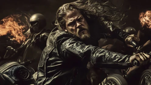 Fierce biker hero racing through firelit night streets.