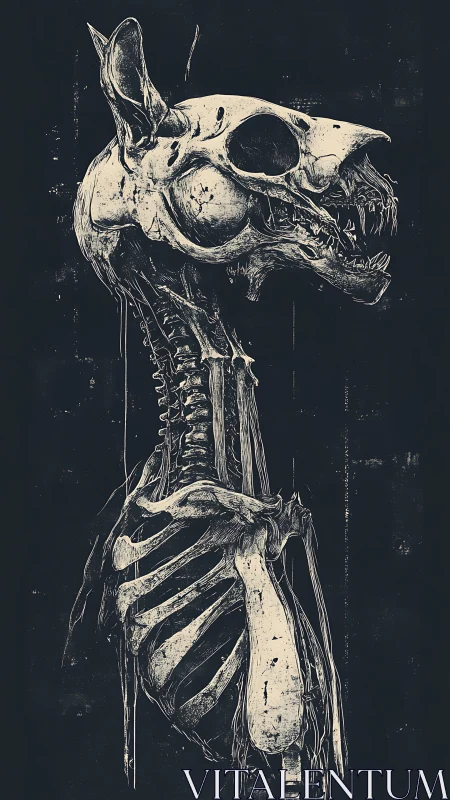 Canine skeletal profile rendered as macabre ink study.