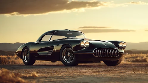 Vintage black sports coupe under golden desert sunset glow.