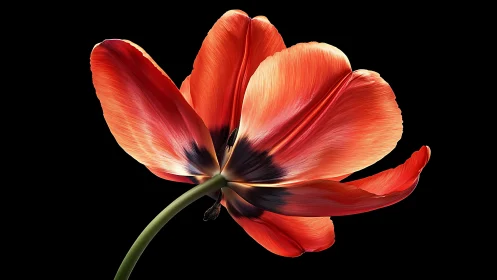 Luminous Coral Tulip Petals Against Black Background with Translucent Detail.