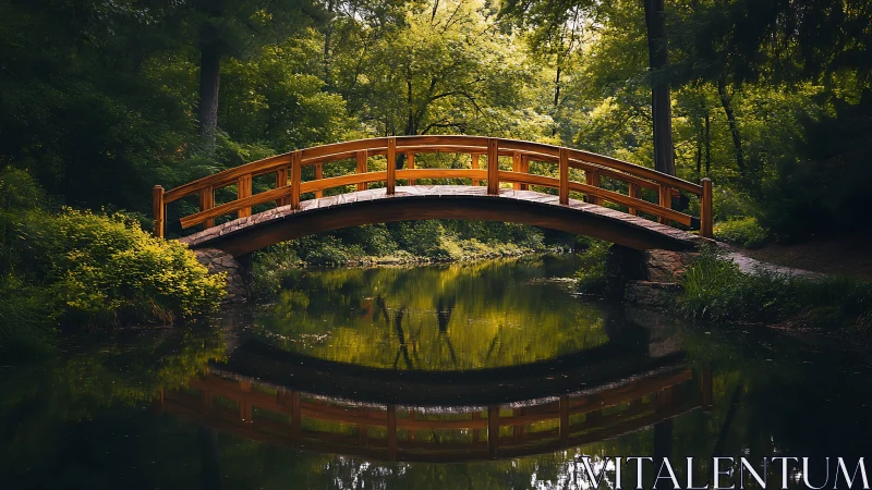 Sunlit wooden bridge arches quietly over a reflective forest stream