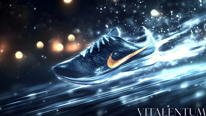 Dynamic sports sneaker in motion with glowing effects, digital art.
