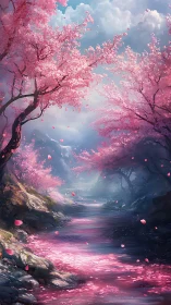 Cherry blossom trees line a reflective stream in valley