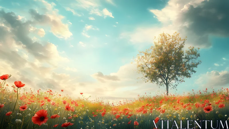 Digital pastoral meadowscape with lone flowering tree focus.
