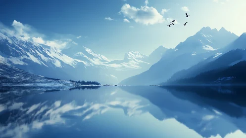 Glacial mountain lake with mirror-smooth reflections and aerial birds